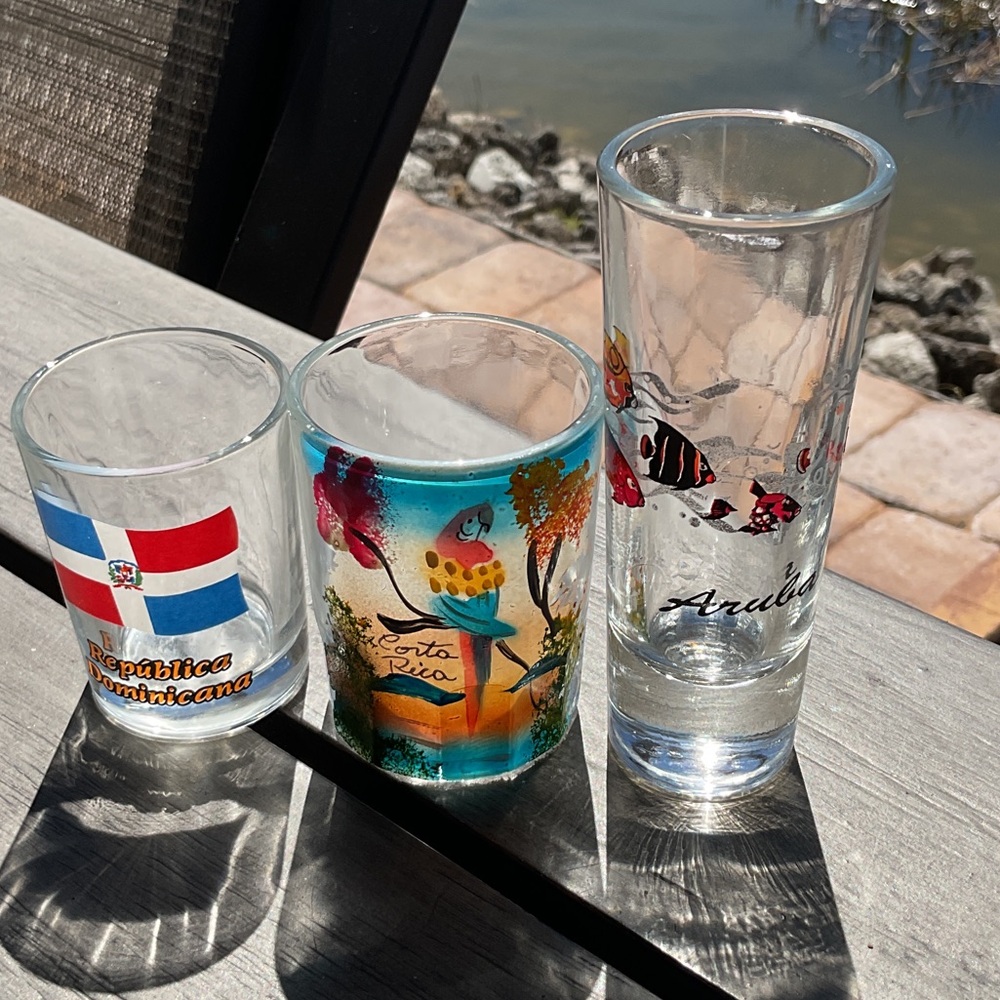 Colorful Souvenir Shot Glass Set Dominican Republic, Costa Rica, Aruba Lot of 3